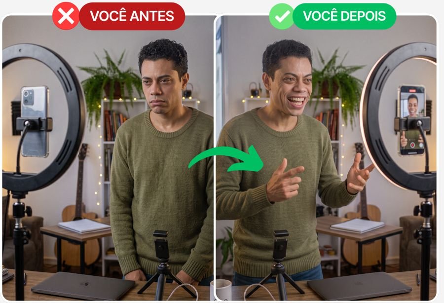 Comparação antes e depois de aluno gravando com naturalidade
